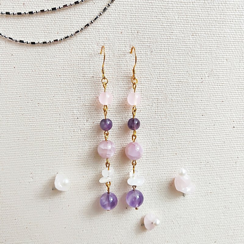 J013-Natural stone bead string earrings fifteen night purple - Earrings & Clip-ons - Semi-Precious Stones Purple