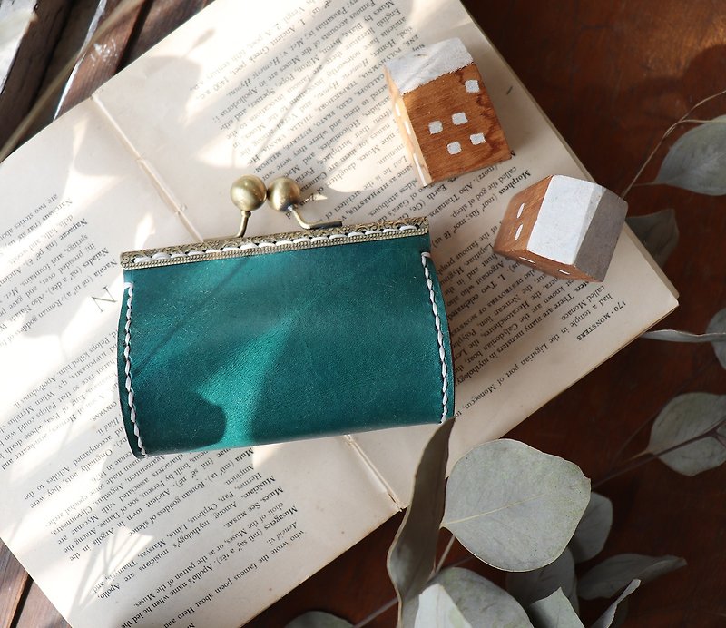 -Green-Leather mouth gold bag purse small bag gift - Coin Purses - Genuine Leather Green