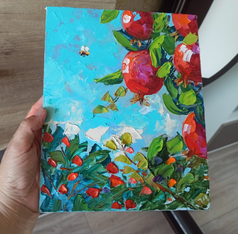 Pomegranates on Branch Oil Painting on Canvas Board 25x20cm Fruit Original Art - 海報/掛畫/掛布 - 其他材質 多色