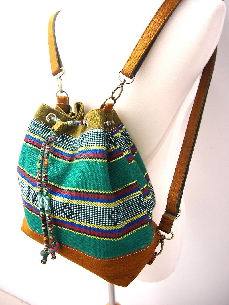 【Missbao Hand Creations】Taiwanese Aboriginal Bags - Back/Slantback/Shoulder Back - กระเป๋าเป้สะพายหลัง - ผ้าฝ้าย/ผ้าลินิน สีเขียว