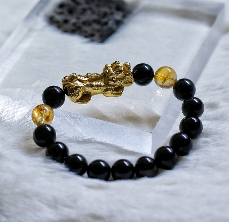 10mm obsidian citrine + steel 貔貅 bracelet - Bracelets - Jade 