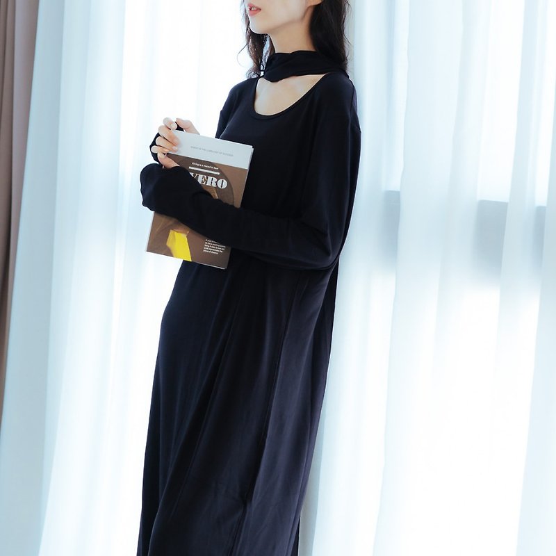 Detachable Scarf Long Sleeve Dress | Charcoal - One Piece Dresses - Cotton & Hemp Black