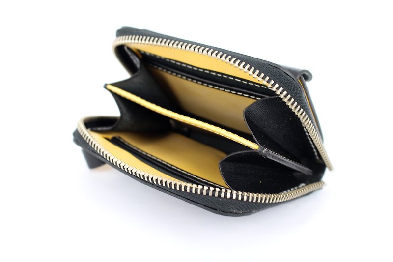 MOOS 黑黃併色 手工拉鍊卡包,連零錢包 ,手縫皮具 - 長短皮夾/錢包 - 真皮 黃色