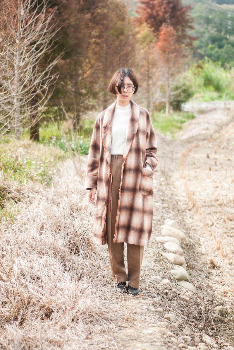 Old-fashioned plaid plush robes coat/long coat #Vintage #古着#莞洱 - Women's Casual & Functional Jackets - Wool 