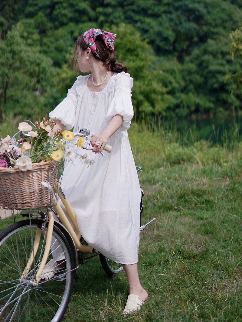White Daydream Luxury Loose Lantern Sleeve Dress Fairy Style Shell Button Dress Light Dress