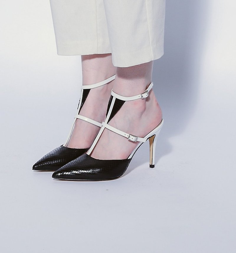Triangle T with simple around the ankle high heel leather sandals white and black - Sandals - Genuine Leather Black