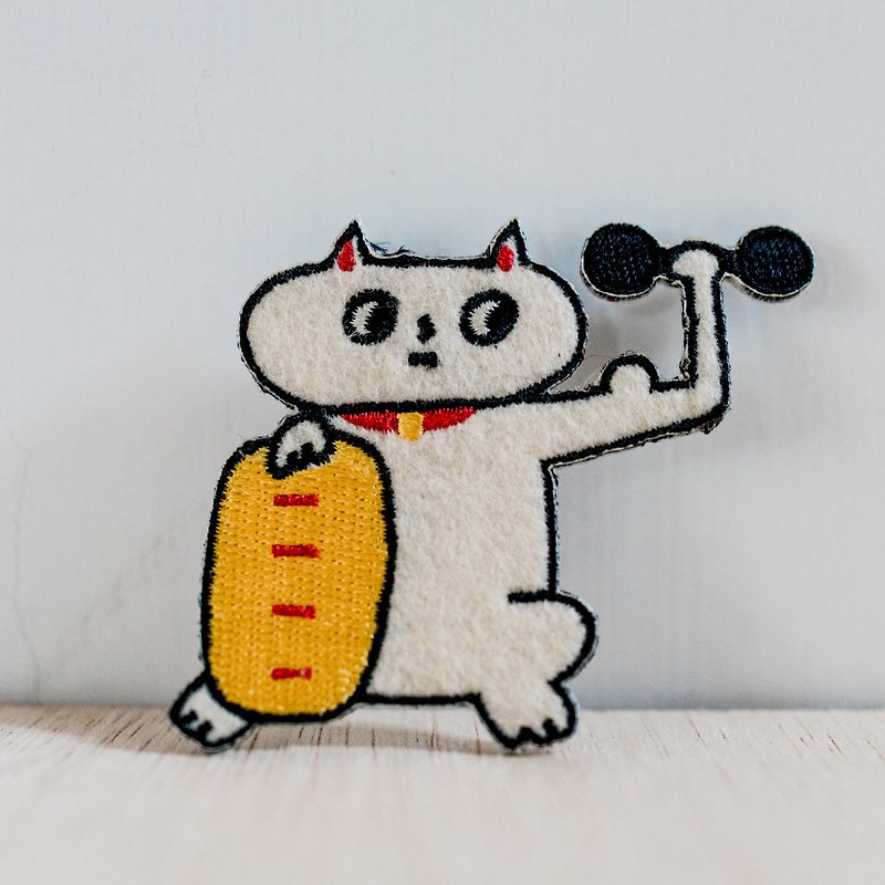 Fitness Lucky Cat-Embroidered Badge - Brooches - Thread Yellow