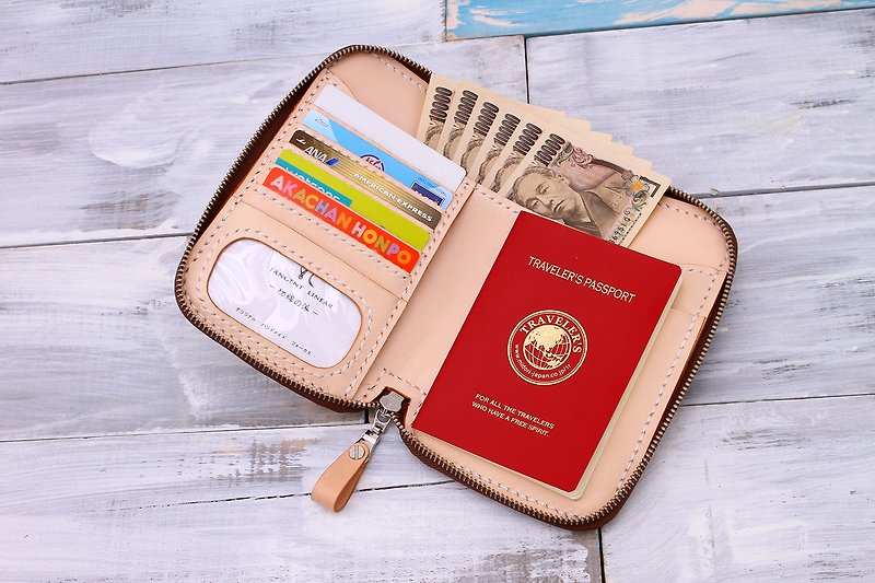 [Cut line] Italian vegetable tanned leather handmade leather wallet package travel wallet 003 primary colors - กระเป๋าสตางค์ - หนังแท้ สีกากี