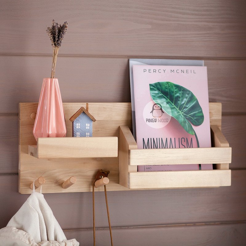 Wooden Wall Hanger Bookshelf and Pegs Hooks for Hallway Clothes Rack, Hole Board - ตะขอที่แขวน - ไม้ 