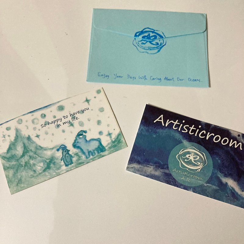 海洋萬用卡連信封套 - 原創水彩畫風 - 北極熊和南極企鵝 - 心意卡/卡片 - 其他材質 白色