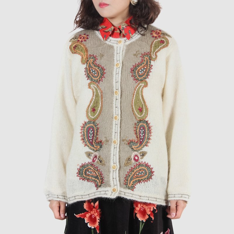 [Egg Plant Vintage] National Color Tianxiang Line Embroidered Vintage Cardigan Sweater Jacket - Women's Sweaters - Wool 
