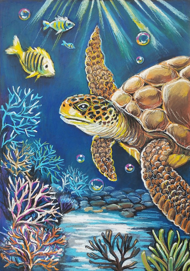 Sea turtle pastel original art animal original painting art Underwater world - 壁貼/牆壁裝飾 - 紙 藍色