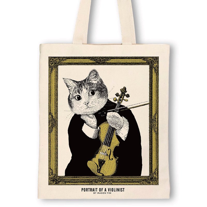 クラシックキャットトートバッグ-バイオリン | 音楽雑貨 | Music Gift - トート・ハンドバッグ - コットン・麻 カーキ