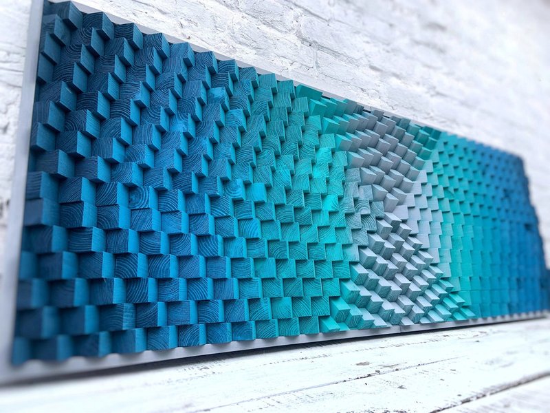 Acoustic Panel - 3D Wood Wall Art - Turquoise Artwork - Housewarming Gift - 壁貼/牆壁裝飾 - 木頭 
