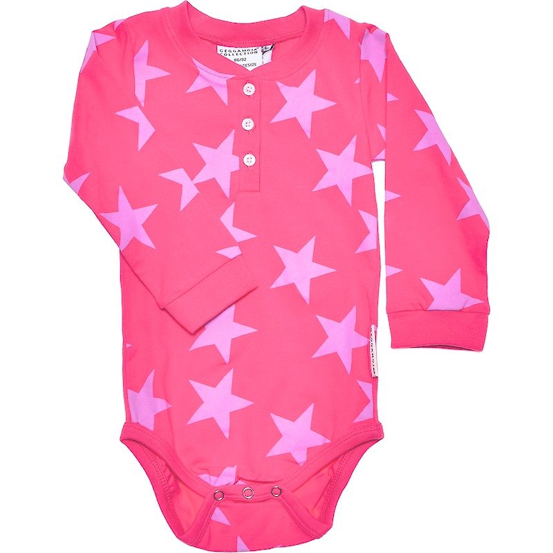 【瑞典童裝】有機棉嬰幼兒包屁衣6M至18M 桃紅色星星
