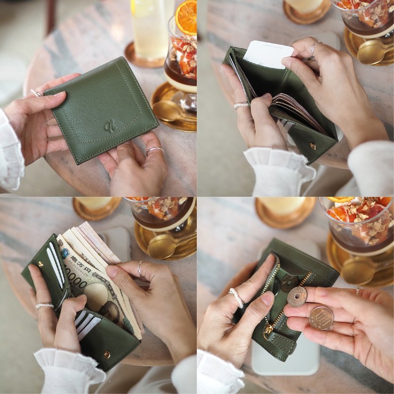 Hannah (Moss Green) : Small leather short wallet, folded wallet, Mini wallet - 錢包/皮夾/長短夾 - 真皮 綠色