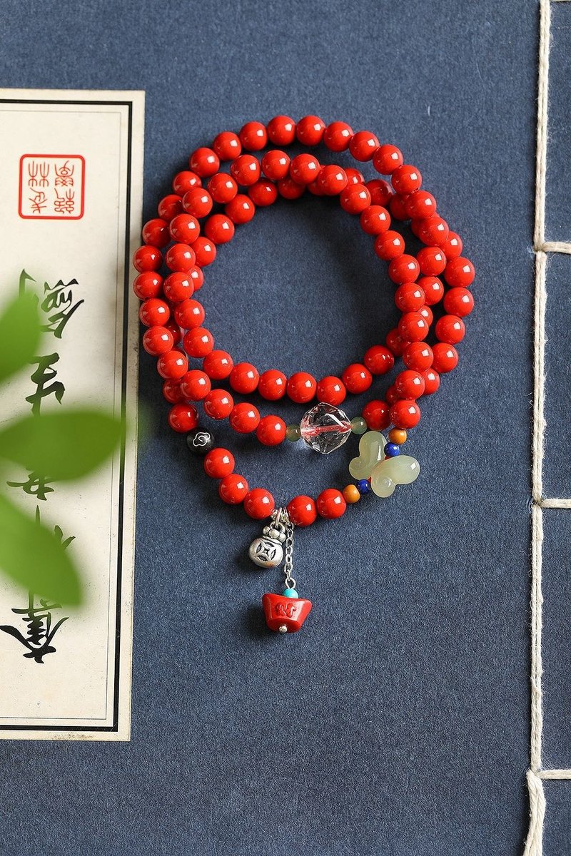 天然原礦硃砂精品紅砂三圈手鏈含量95%以上6mm - 手鍊/手環 - 寶石 