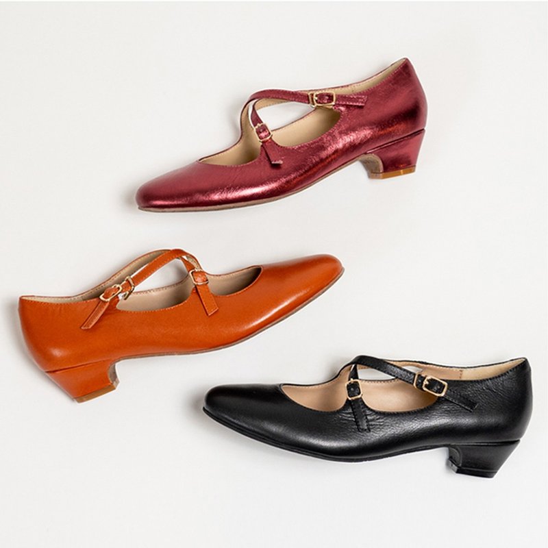 Lewis Walt French retro sheepskin shallow Mary Jane thick heel shoes for women - รองเท้าหนังผู้หญิง - หนังแท้ สีส้ม