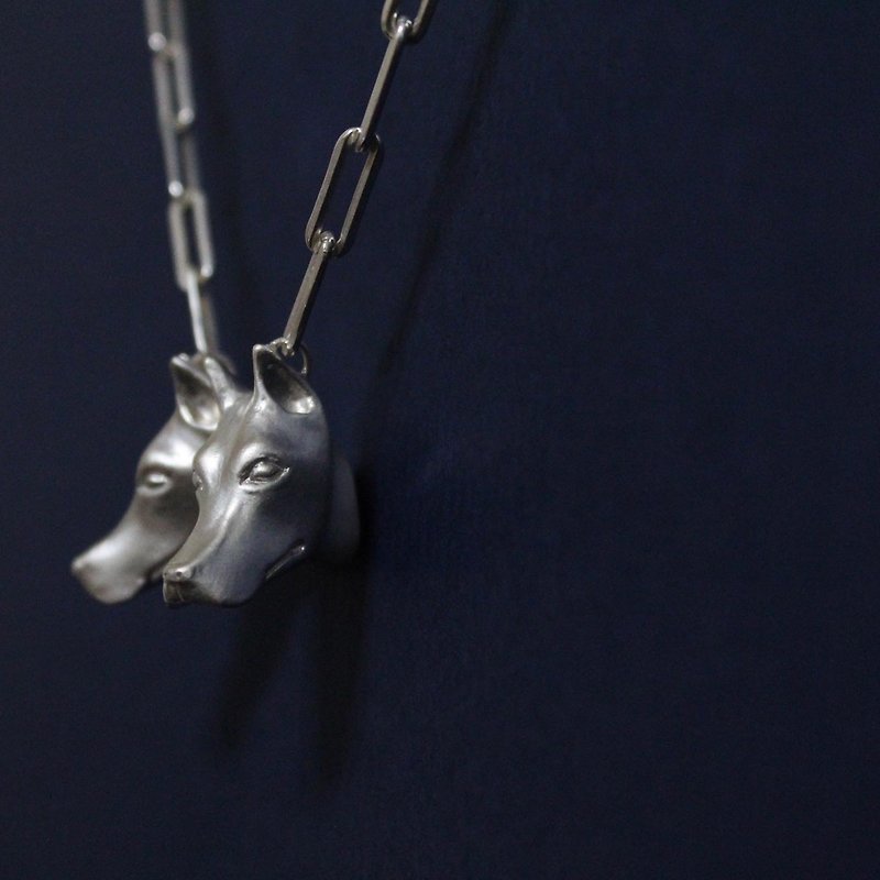Orthrus Double-headed Dog Necklace Doberman Pinscher in Sterling Silver - Necklaces - Sterling Silver Silver