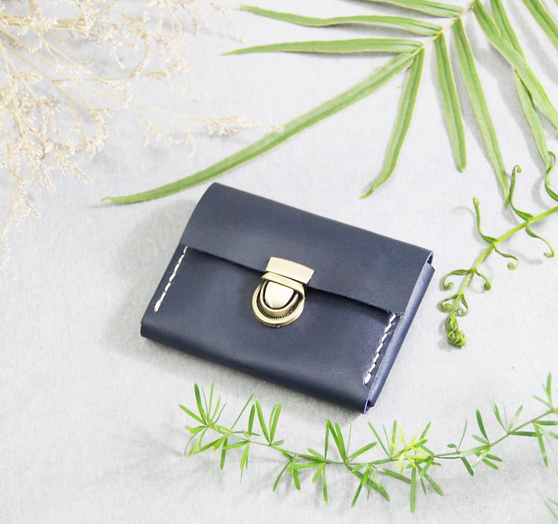[Leather double-layer card coin purse/business card case] European vegetable tanned cowhide/customized lettering/dark blue - ที่ใส่บัตรคล้องคอ - หนังแท้ สีน้ำเงิน