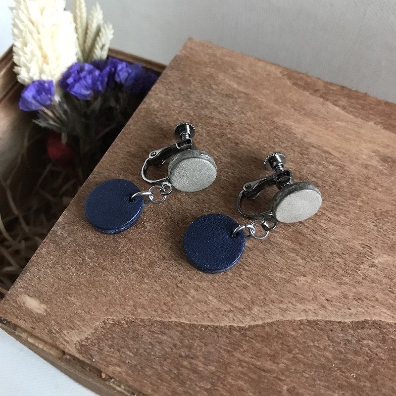 Leather earrings_ear clip type_小圆2# _ grey and dark blue - Earrings & Clip-ons - Genuine Leather Blue