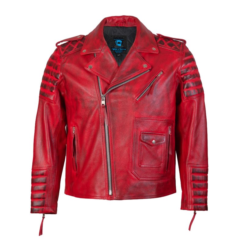 Biker Rider Motorcycle Red Buffalo Hide Leather Jacket - 男夾克/外套 - 真皮 紅色