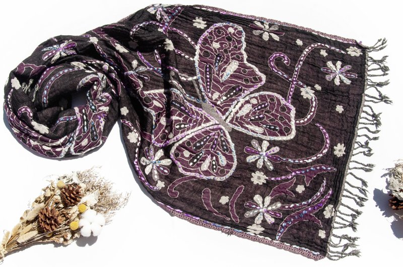 喀什米爾Cashmere/水煮羊毛披肩/針織圍巾/刺繡圍巾/羊絨披巾-蝶 - 圍巾/披肩 - 羊毛 紫色