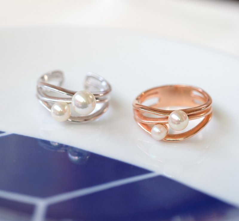 Minimalist sea wave streamline pearl ring 925 sterling silver with rose gold, silver and white two colors optional customized ring - แหวนทั่วไป - เงินแท้ สึชมพู