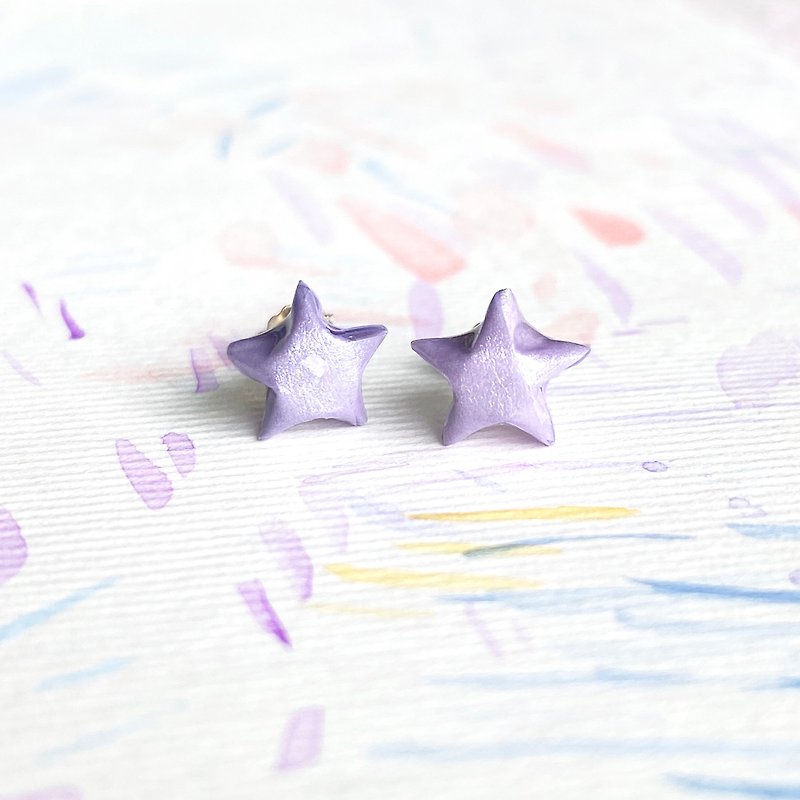 純銀 耳環/耳夾 紫色 - 星星耳環 立體幸運星純銀耳環 | 浪漫薰衣草紫