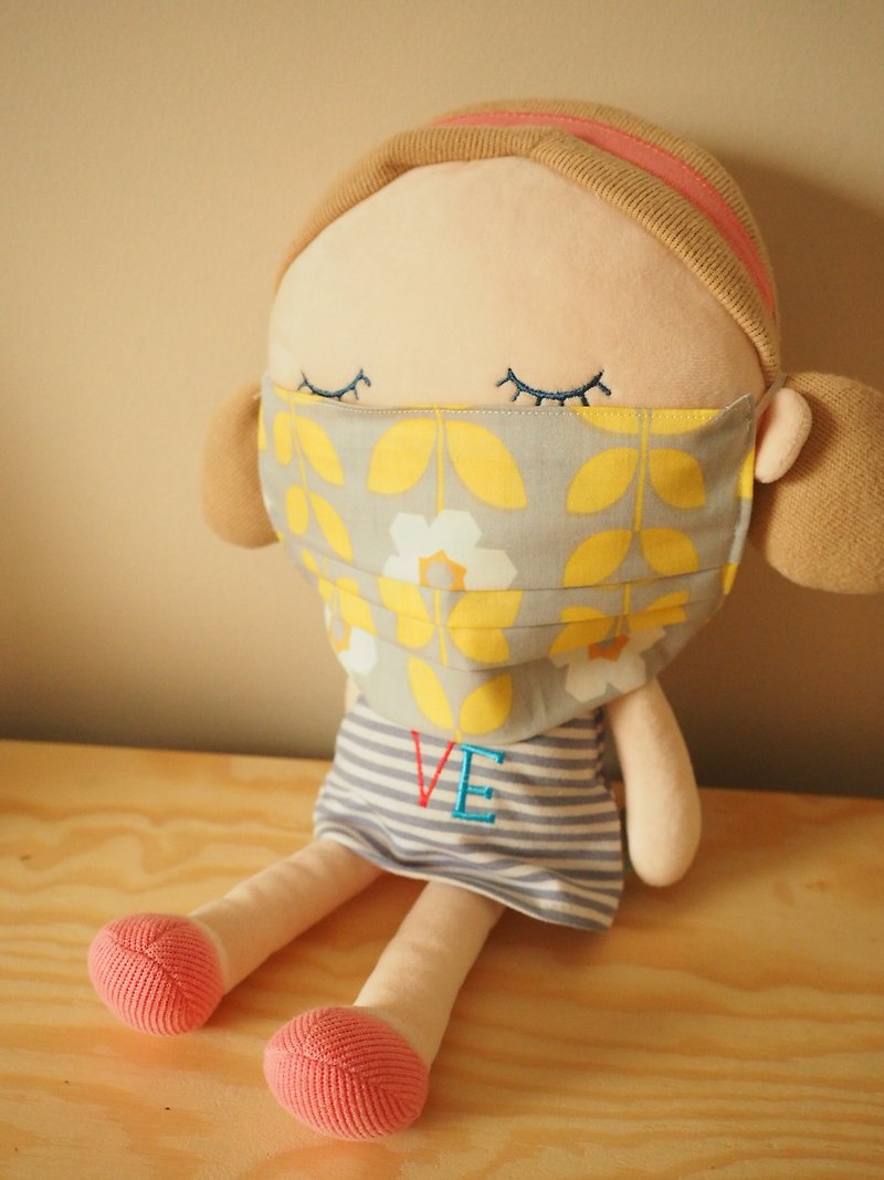棉．麻 口罩/口罩收納套 黃色 - 手工製作 黃色小花棉布口罩 可配合濾芯使用