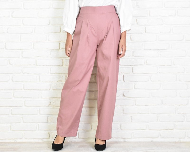 棉．麻 闊腳褲/長褲 粉紅色 - コットン素材の大人のバギーパンツ　イージーパンツ　セミワイドパンツ