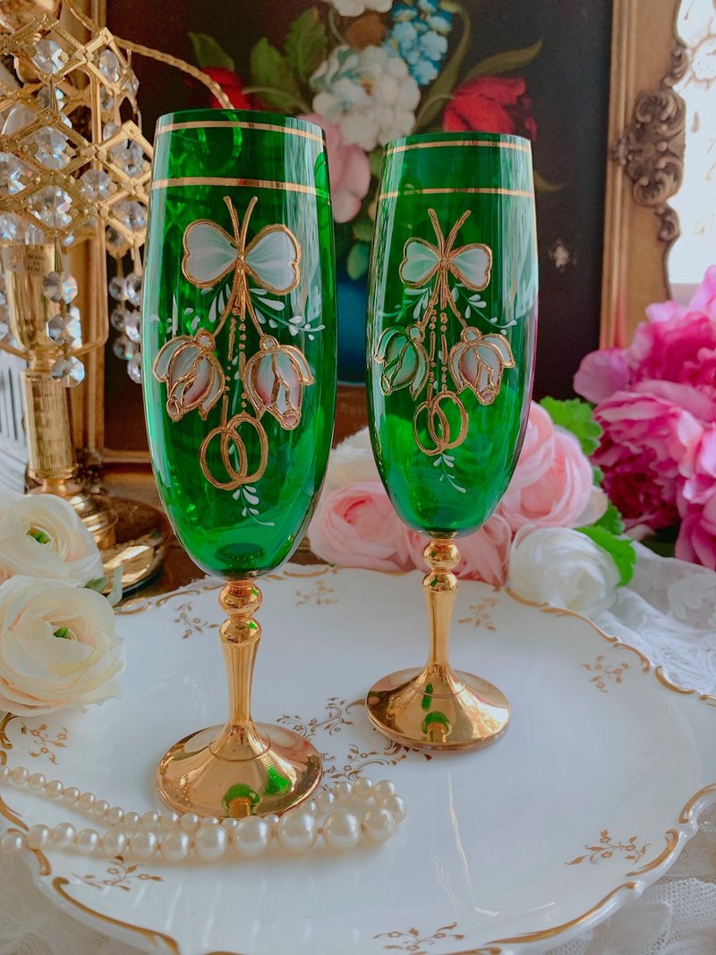 捷克古董手工手繪 24k 金 香檳杯 水杯 酒杯一對生日送禮 庫存品 - 酒杯/酒器 - 水晶 綠色