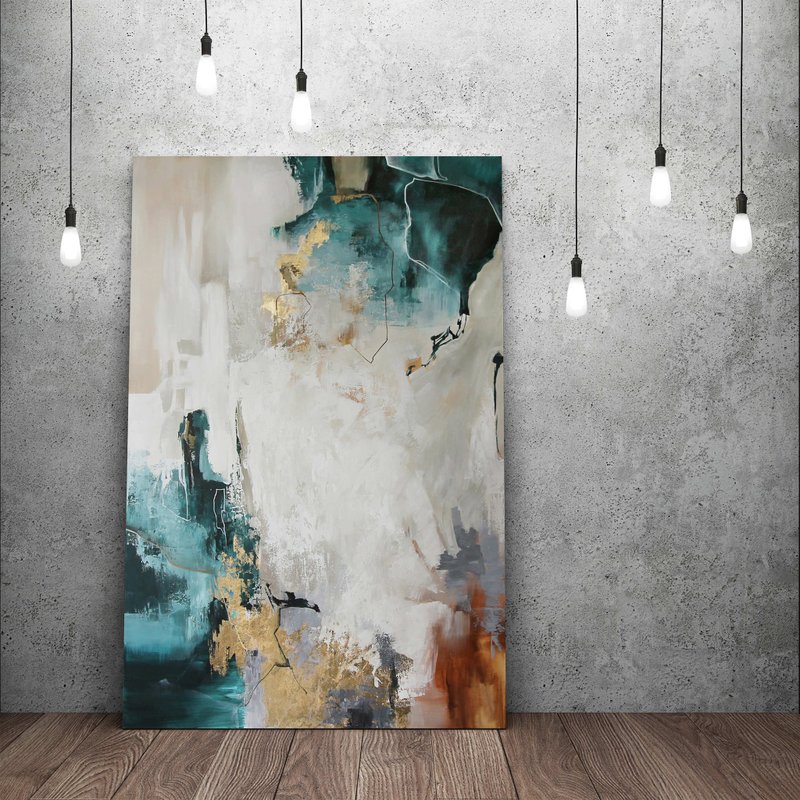 Teal Gold Painting | Teal Gold Abstract | Teal Wall Art | Emerald Bloom - 壁貼/牆壁裝飾 - 棉．麻 綠色