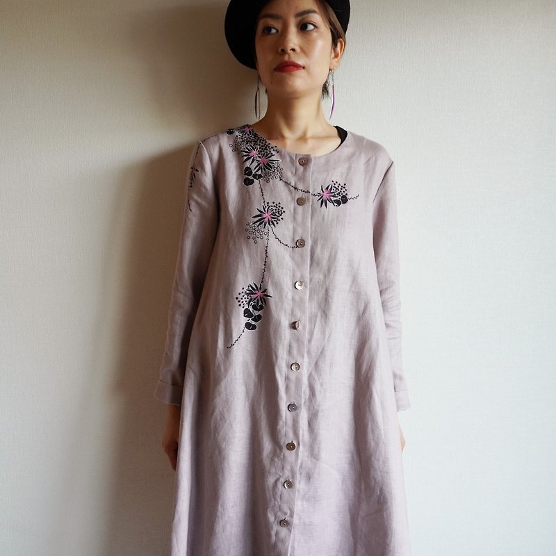 Linen coat dress dress dull pink underwater plants - One Piece Dresses - Cotton & Hemp Pink