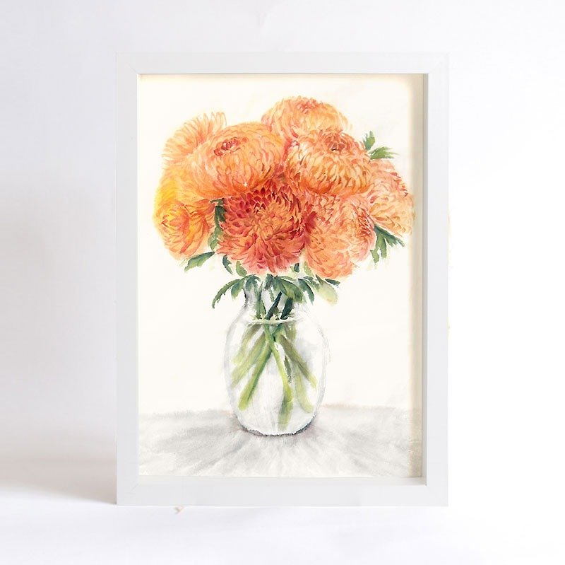 Flower Art Print of Original Watercolor Painting, "Silent as Enigma"serie-Golden Chrysanthemum - Posters - Paper Orange