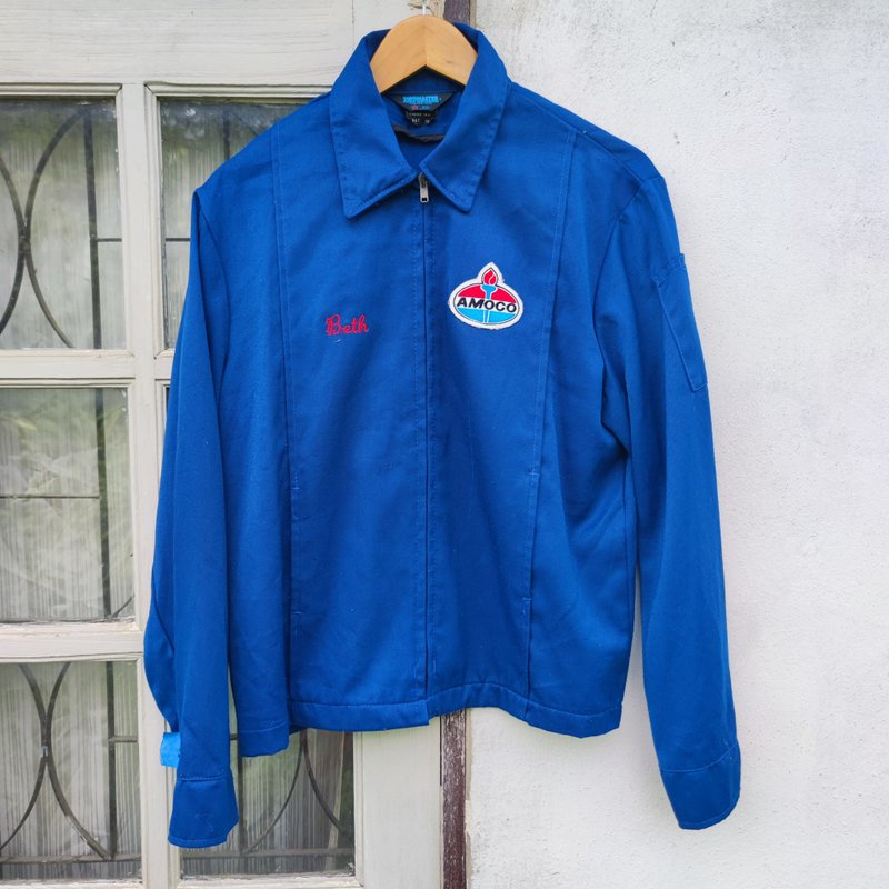 Vintage 70s Top master Amoco Oil Blue Work Gas Station Service Jacket USA Made - เสื้อโค้ทผู้ชาย - ผ้าฝ้าย/ผ้าลินิน สีน้ำเงิน