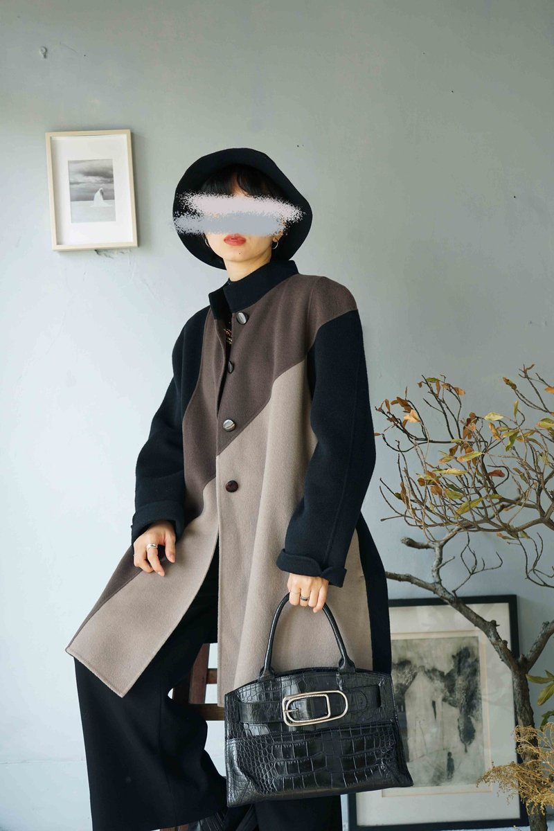 Treasure Hunting Vintage - Pop Style Cut Khaki Gray Textured Wool Coat - เสื้อแจ็คเก็ต - ขนแกะ สีดำ