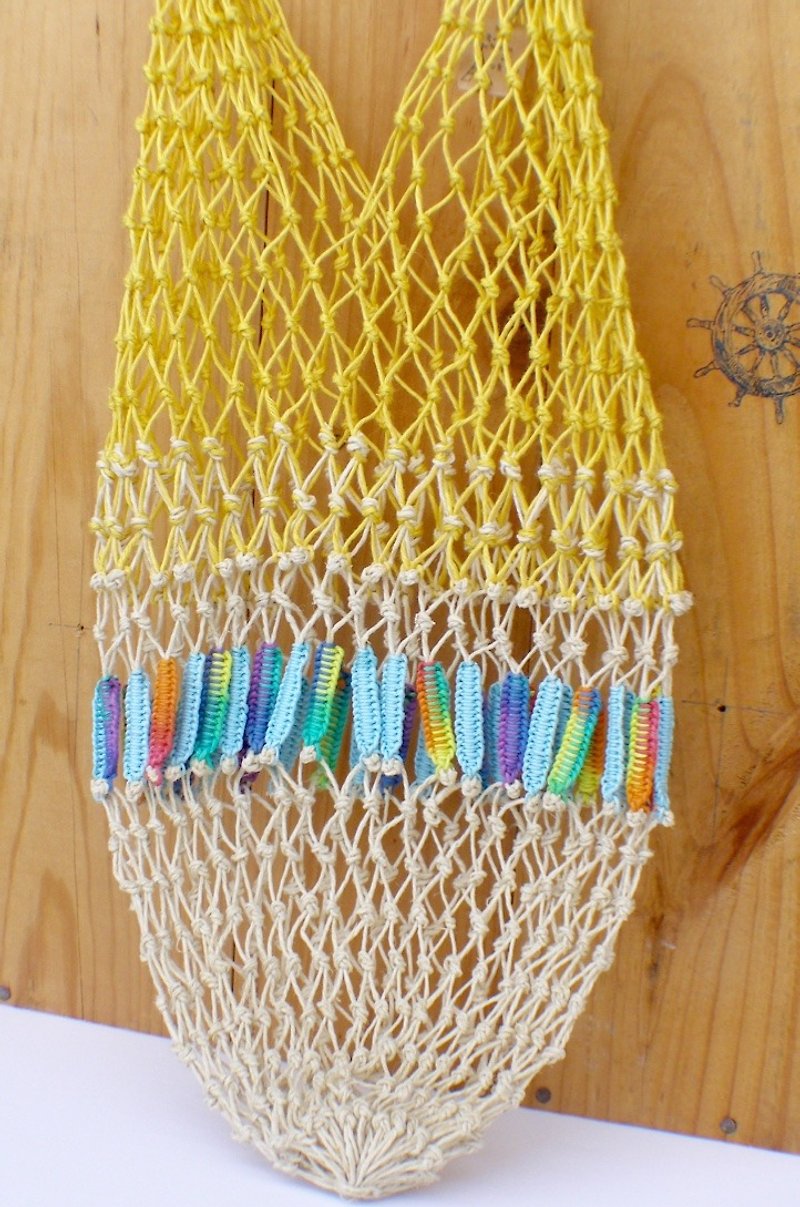 美國麻繩編織手工麻袋－原麻色/淺藍色和彩虹花邊/銘黃色  /酒袋/保溫瓶 - 杯袋/飲料提袋 - 棉．麻 多色