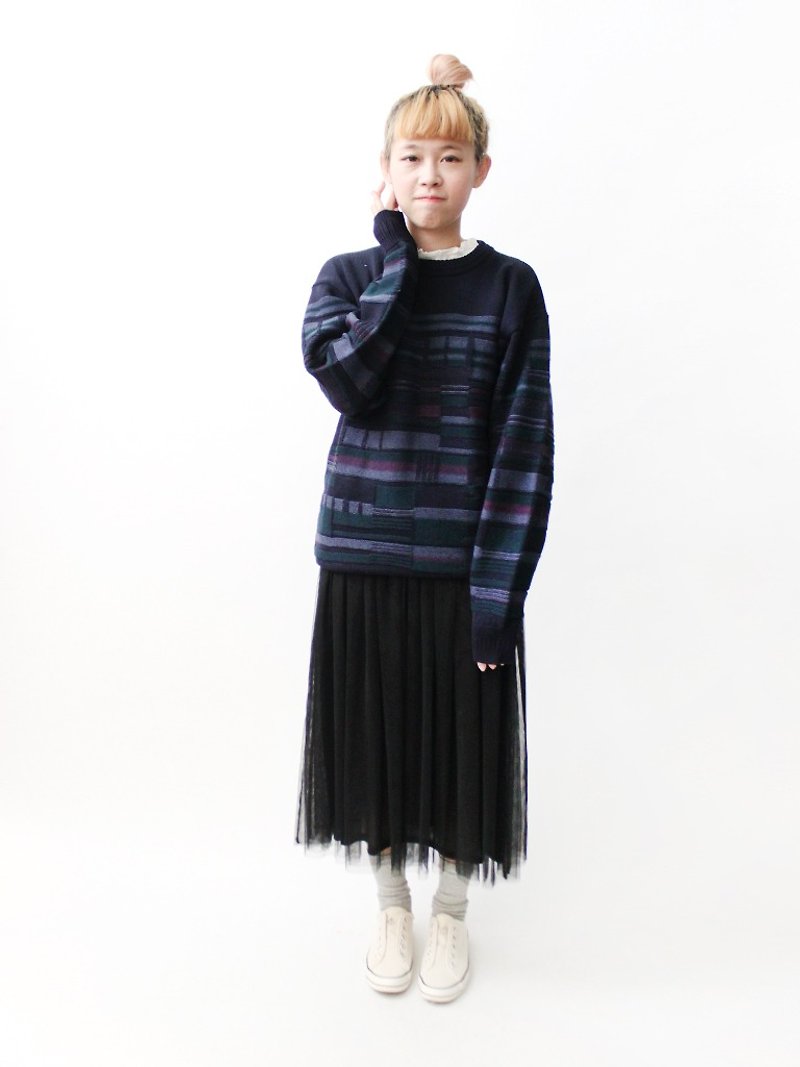 [RE1222SW069] Nippon blue and purple geometric vintage sweater knitted wool loose - Women's Sweaters - Wool Blue
