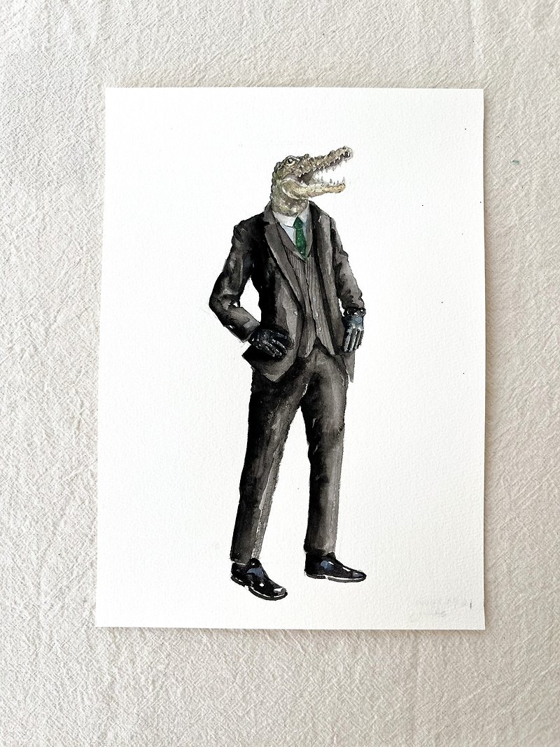 Paper Customized Portraits Black - Suit series crocodile watercolor original painting