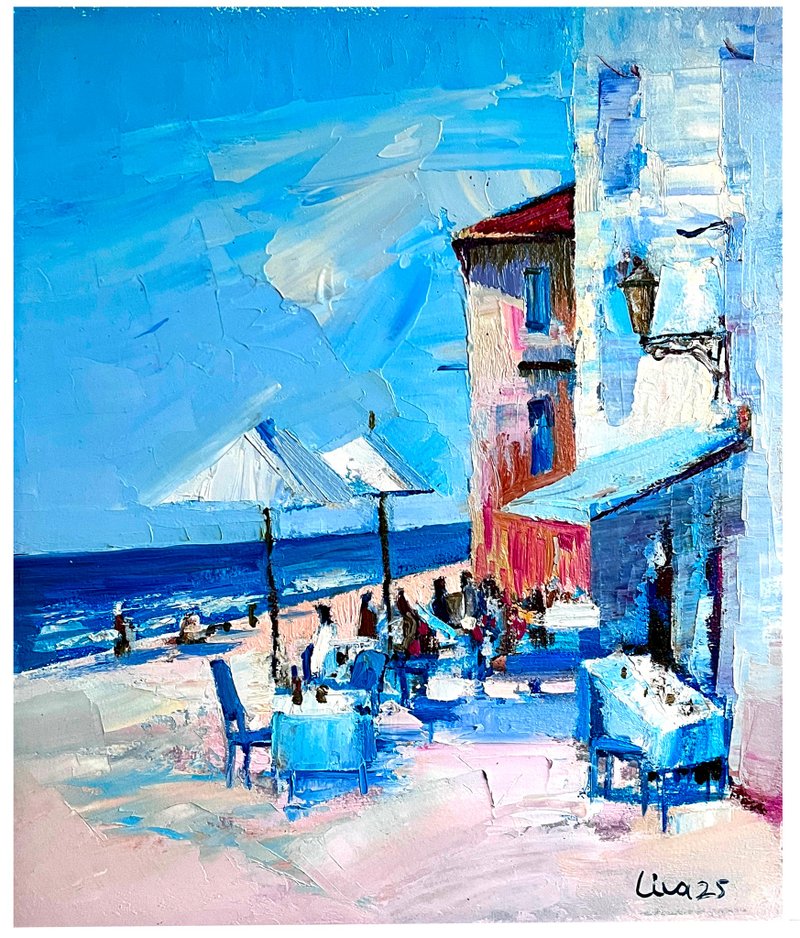 Italian Riviera – Original Oil Painting by Elen Iv (2025) - 壁貼/牆壁裝飾 - 其他材質 藍色