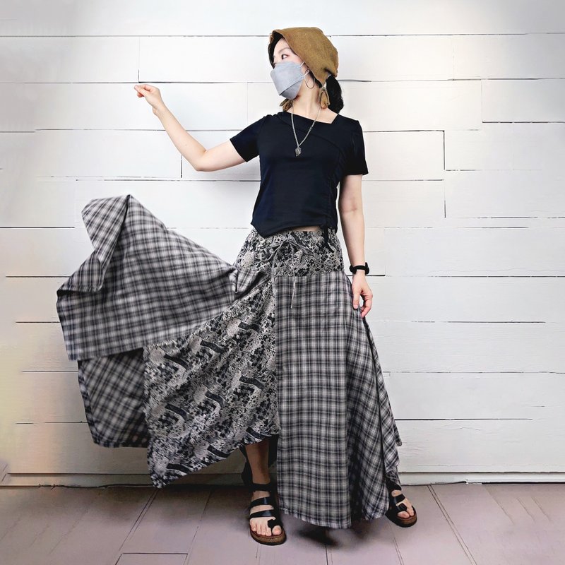 黑咖格 後袋多角造型裙 #T6052 - 裙子/長裙 - 棉．麻 灰色