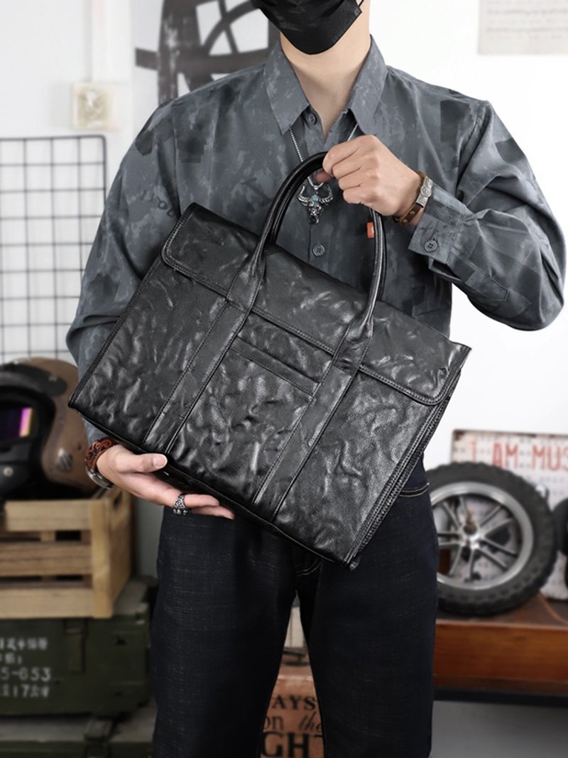植鞣牛皮 簡約真皮筆電公事包 16吋 手工製作 黑色電腦包 公事包 - 公事包 - 真皮 黑色