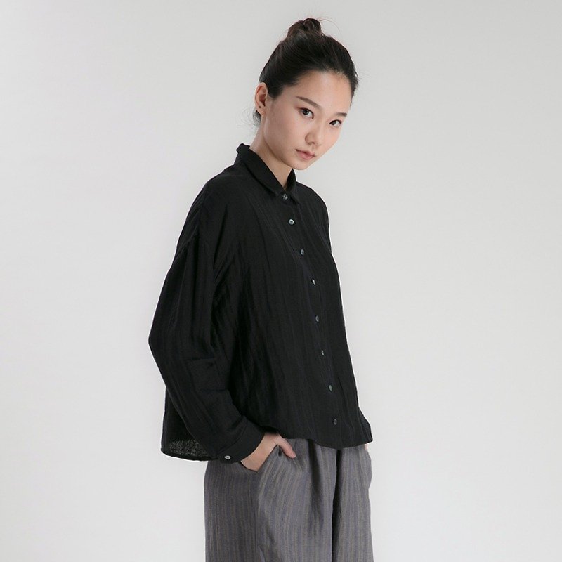BUFU  long -sleeves linen loose shirt in black  SH170219 - เสื้อผู้หญิง - ผ้าฝ้าย/ผ้าลินิน สีดำ