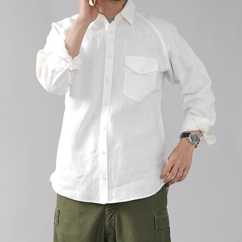wafu - メンズ 中厚地 リネン ラグラン シャツ 長袖 胸ポケット メンズ  カフス袖 シェルボタン/ホワイト t035h-wht2-m - 男襯衫/休閒襯衫 - 亞麻 白色