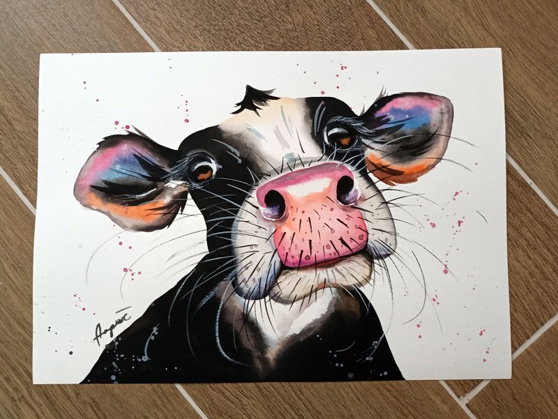 Watercolor original cow room decor animal painting art by Anne Gorywine - Wall Décor - Paper Silver