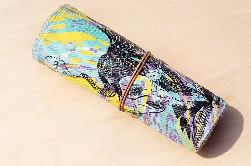 Hand-painted rendering pencil case tableware bag hand-feel scroll spring roll pencil case-pen water color house indian elephant - Pencil Cases - Cotton & Hemp Multicolor