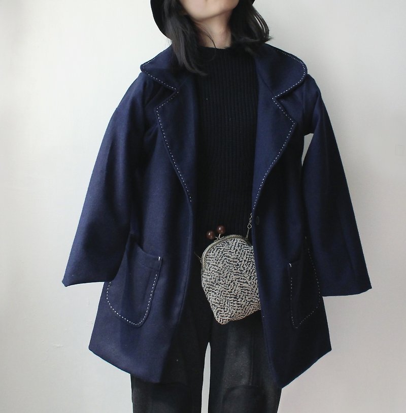 4.5 hand-made by AS handstitch decorative dark blue overcoats - Women's Casual & Functional Jackets - Other Materials Blue