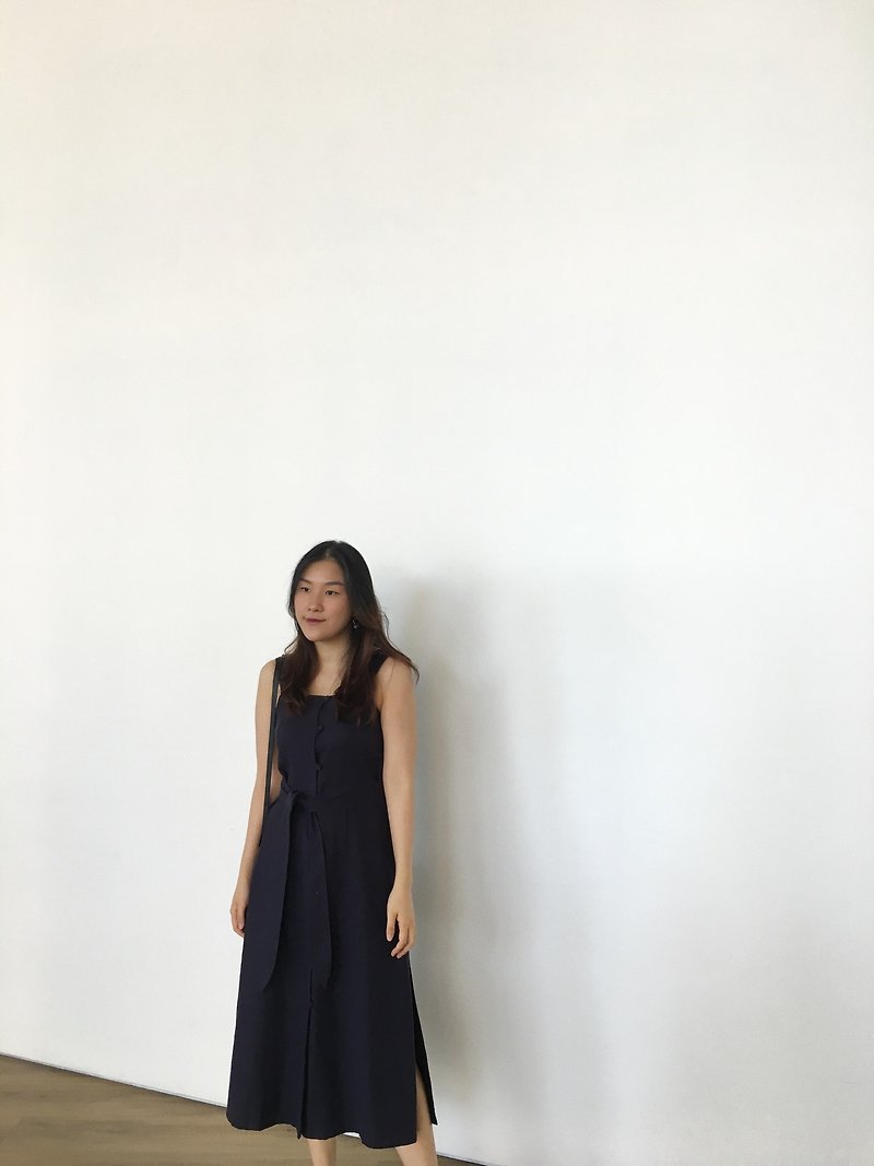 Dark Blue Straight Line Sleeveless Linen Dress - 連身裙 - 亞麻 藍色