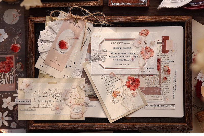 Fog Brown Light Retro Poppy Flower and Fruit Washi Tape PET Notebook Collage Card - มาสกิ้งเทป - กระดาษ หลากหลายสี